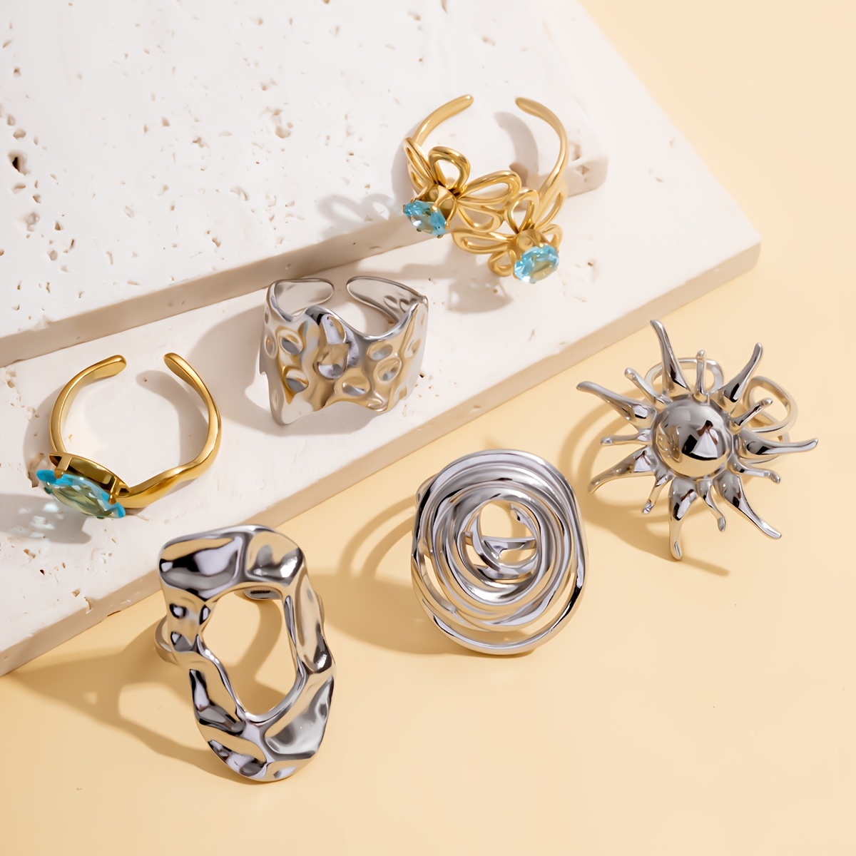 6pcs Bicolor Open Ring Set with Sunflower Design